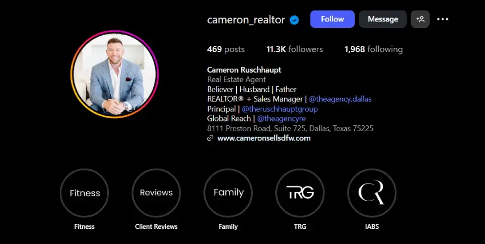 Instagram bio with a mans headshot to the left, identifying information to the left, and tabs of interest at the bottom.